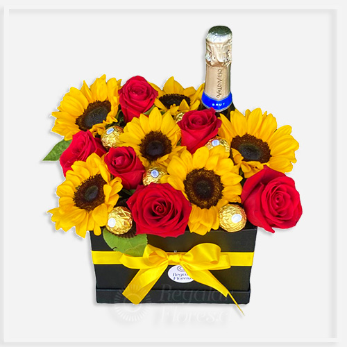 Rosas, girasoles, espumante y bombones