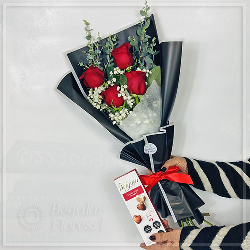 Ramo 4 rosas rojas + Belgian 65gr | Regalar Flores, Envio de flores, desayunos y regalos a domicilio