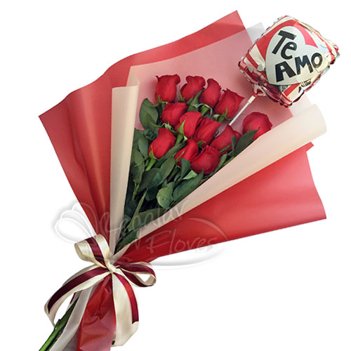 12 Rosas + Globo Te Amo | Regalar Flores, Envio de flores, desayunos y regalos a domicilio