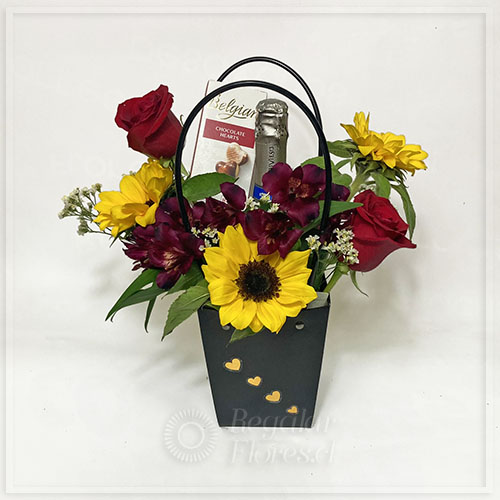 Bolso floral, espumante y chocolates | Regalar Flores, Envio de flores, desayunos y regalos a domicilio