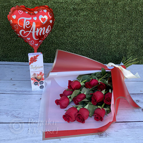Ramo 12 rosas + Globo + Belgian | Regalar Flores, Envio de flores, desayunos y regalos a domicilio