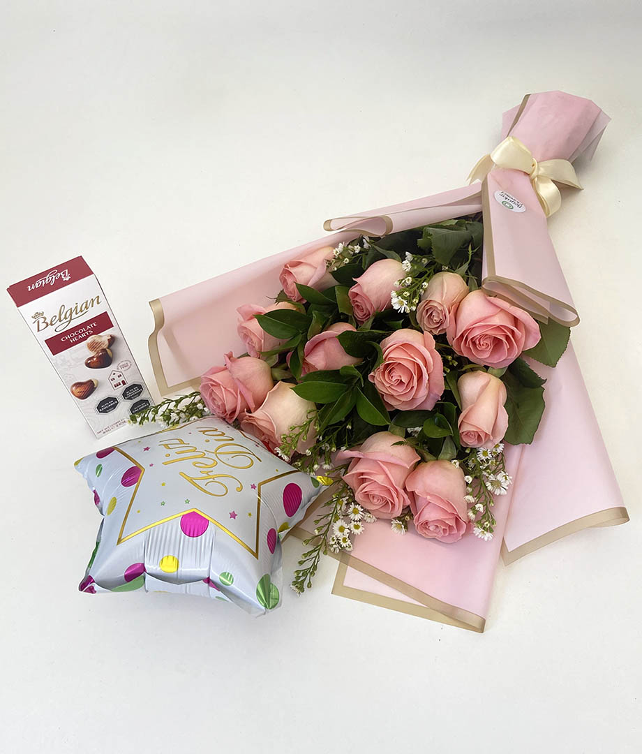 Ramo 12 rosas rosadas + globo + belgian_2