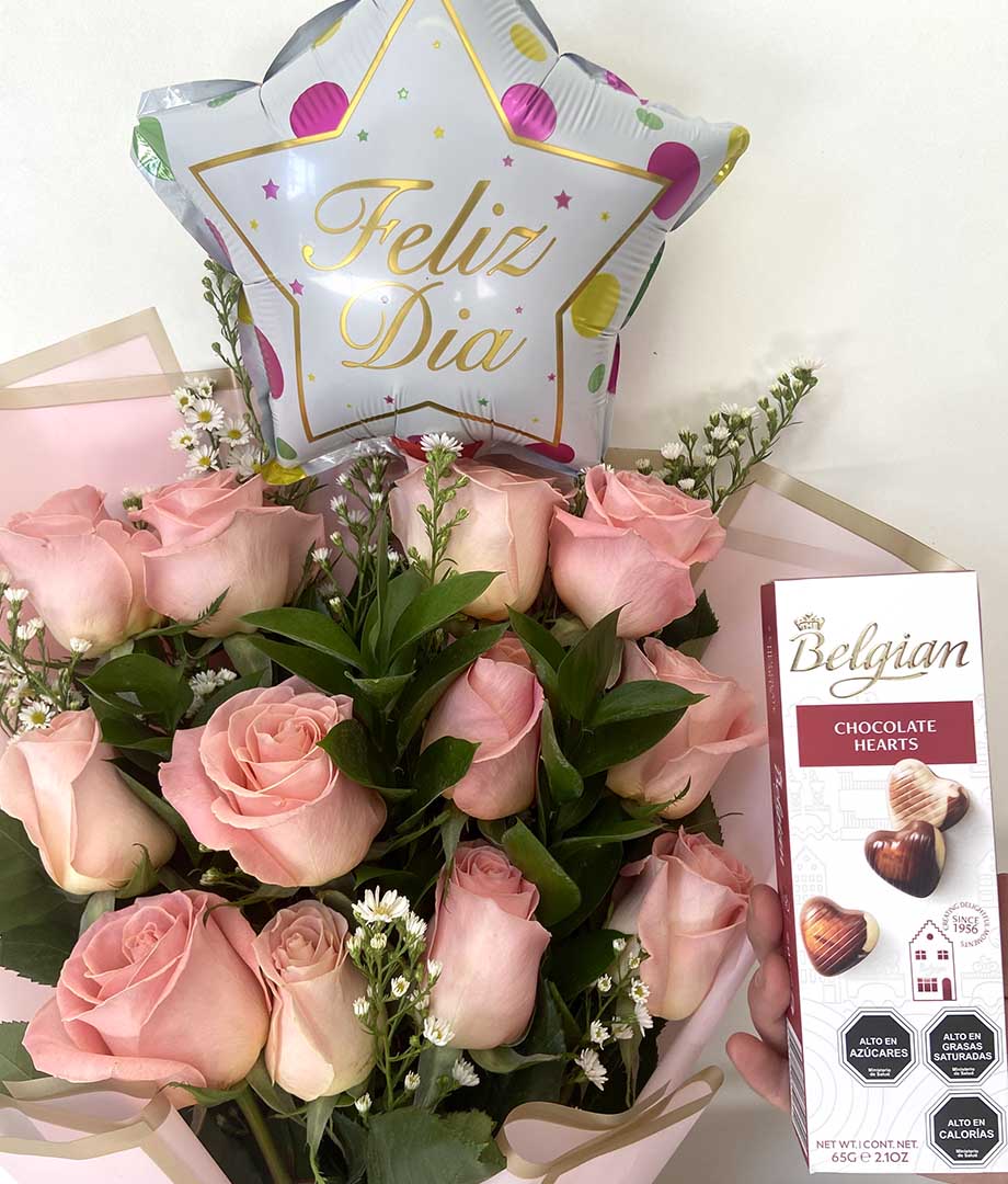 Ramo 12 rosas rosadas + globo + belgian_3