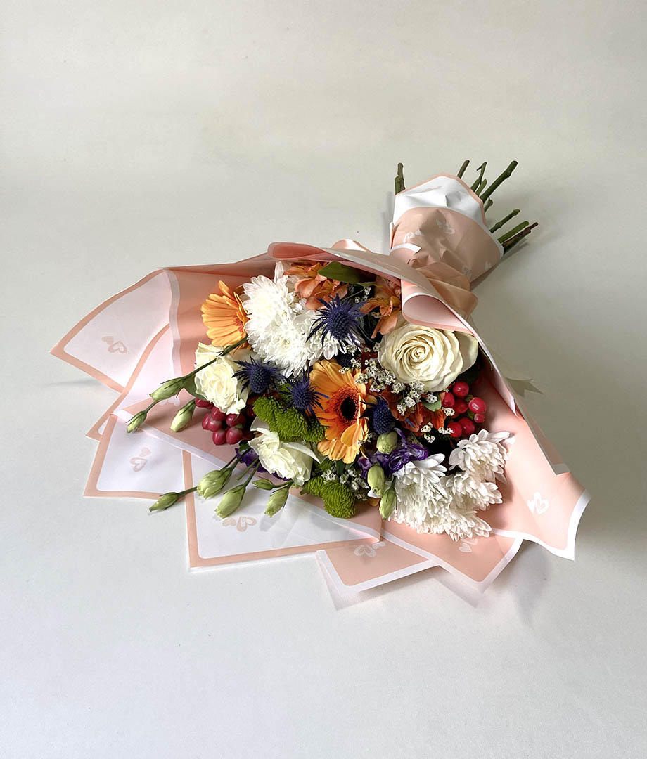 Ramo damasco gerberas, lisianthus y rosas_2