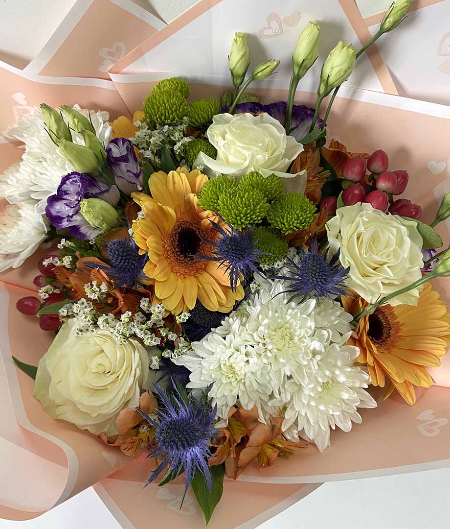 Ramo damasco gerberas, lisianthus y rosas_3