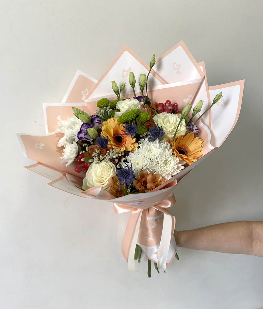 Ramo damasco gerberas, lisianthus y rosas_4