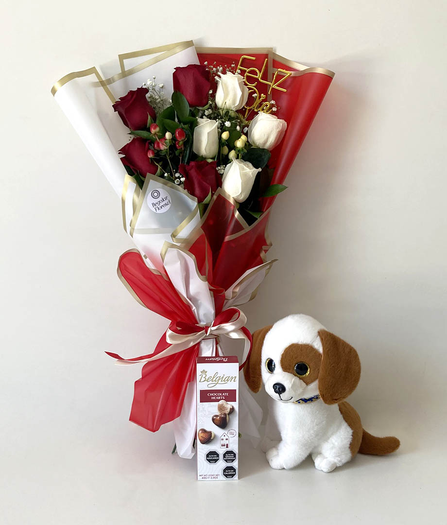 Ramo Antonia + Perrito peluche + Belgian Hearts 65gr.