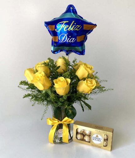 Florero 10 rosas amarillas + globo Feliz día + Ferrero Rocher 100gr