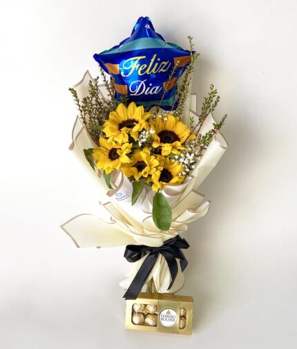 Ramo 5 girasoles + globo feliz día + Ferrero Rocher 100gr